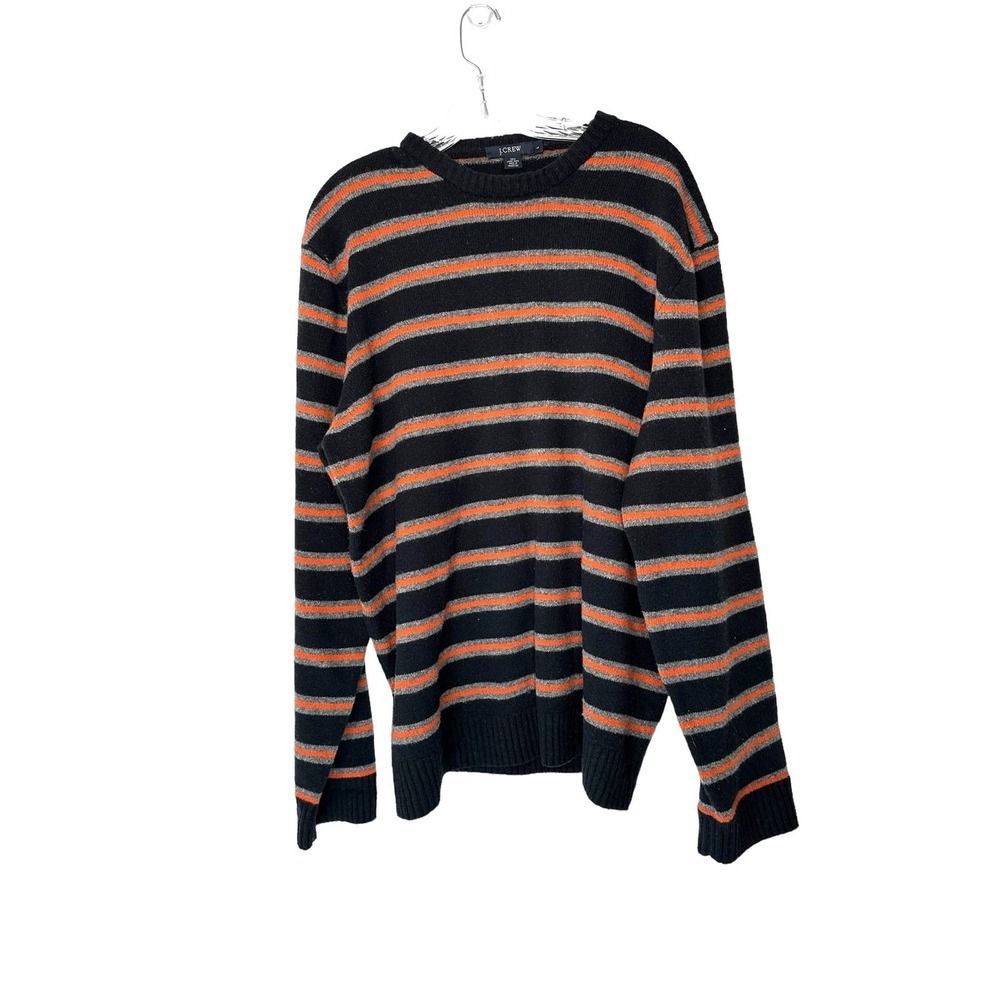J.Crew Men's Black Gray Orange Striped Wool Crewneck Casual‎ Sweater Size Large
